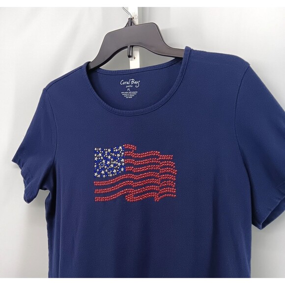 Coral Bay Shirt Women Size PL Blue Beaded USA Flag Patriotic Short Sleeve Top - Picture 2 of 7